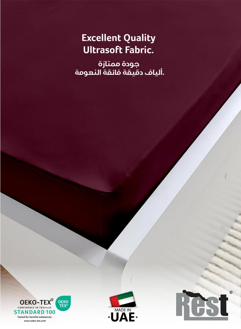 REST Fitted Bedsheet 90x190+20cm Breathable Plush Burgundy Fabric with Deep Pockets Machine Washable for Optimal Protection - Image 2